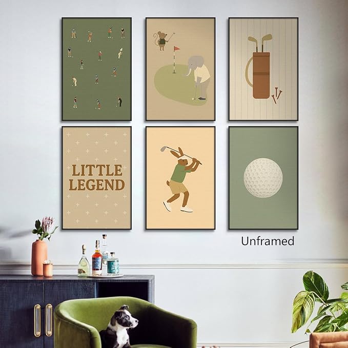 Golf Canvas Wall Art, Baby Boy Nursery Sports Posters, Animal Athletes Elephant Rabbit Pictures, Little Legend Charming Quote Print, Kids Bedroom Golf Course Wall Decor 16x24in Unframed
