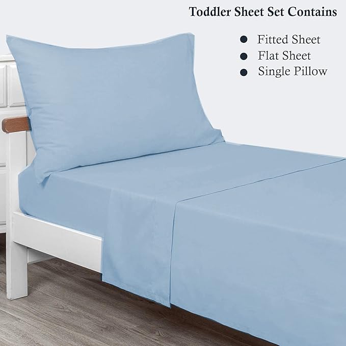 PLAIN PRINTED LINEN 3-Piece Toddler Sheet Set, 100% Cotton Fitted Sheet, Flat Sheet and Envelope Pillowcase, Toddler Bed Set,Crib Sheets Set,Mini Crib Sheets (Light Blue Solid)