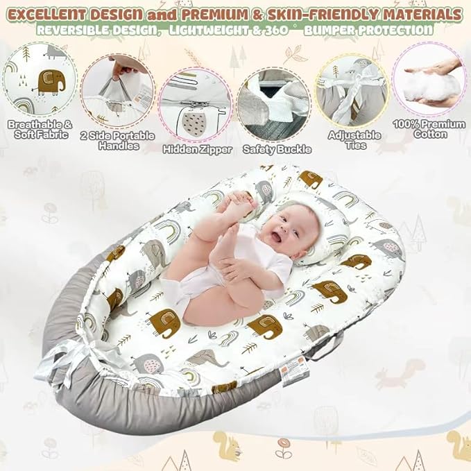 JIFTOK Baby Nests Lounger for Newborn, Snuggle Bassinet for 0-24M, Breathable Portable Co Bed, Baby Essentials Adjustable Infant Soft Cotton Loungers for Home & Travel -Elephant