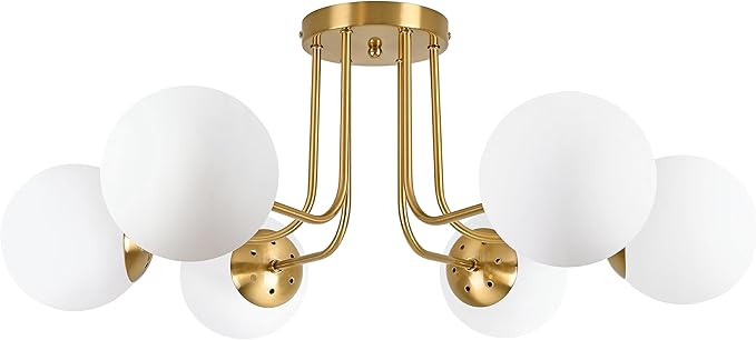 KoKo&Yukina 6-Light Mid Century Ceiling Light Modern Semi Flush Mount Ceiling Light Fixture Globe Ceiling Light with Milk Glass Shade Brushed Brass Finish for Bedroom Hallway Dining Room Living Room