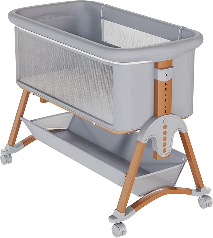 3 in 1 Baby Bassinet, 6 Height Adjustable Bedside Bassinet for Baby, Bassinet Bedside Sleeper with Comfy Mattress and Lockable Wheels, Rocking Crib for Newborn, Wood and Grey