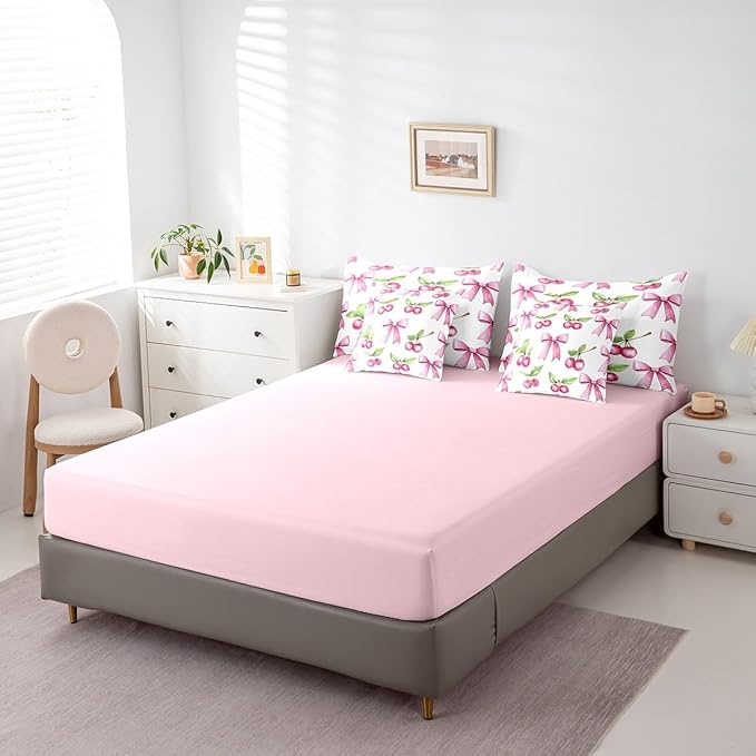 7 Pieces Pink Bowknot Girls Comforter Set King Size,Cherry Tropical Fruit Bow Patchwork Bedding,Bow Tie Butterfly Knot Princess Dreamy（Comforter+Fitted+Flat Sheet+2 Pillowcases+2 Throw Pillow Covers）