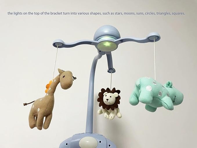 Pack and Play Crib Mobile for Boys or Girls,Light Blue Bassinet Mobile with Music,Rotation,Nursy Lights,Natural Sounds,Timer Function,Starlight Projection