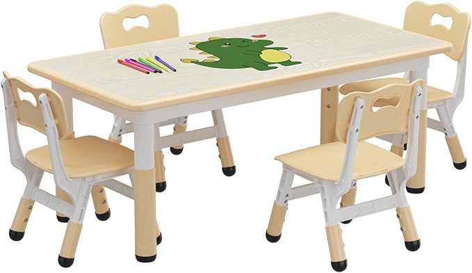 Kids Table and 4 Chairs Set, Height Adjustable Toddler Table and Chair Set for Ages 2-10, Graffiti Desktop, Non-Slip Legs, Arts & Crafts Table, Children Activity Table for Daycare Classroom Home
