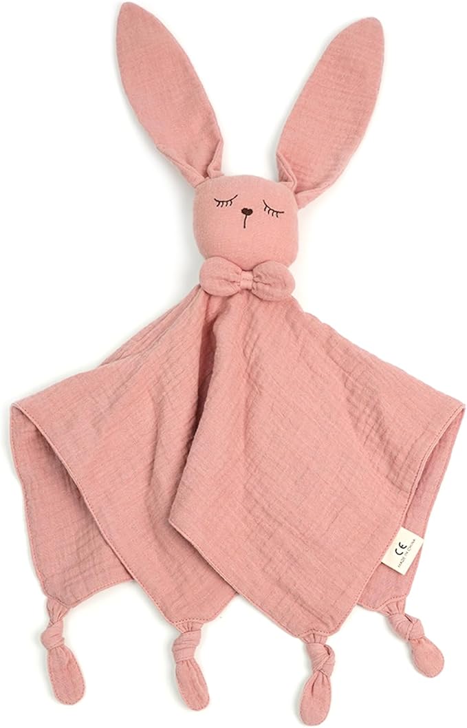 Little Rawr Organic Cotton Muslin Bunny Loveys for Babies Baby Security Blanket Baby Snuggle Toy Newborn Essentials Must Haves(Rabbit-Pink)