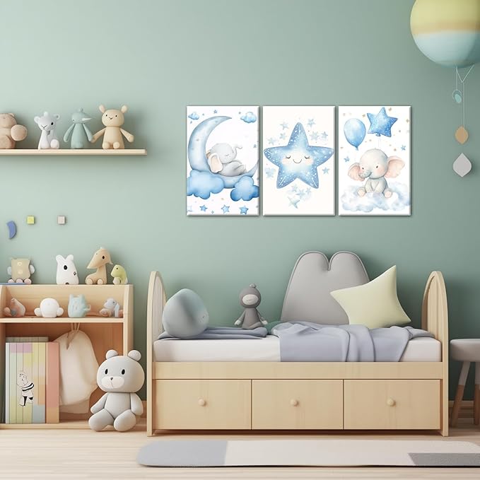 Nursery Wall Art Baby Boy Wall Decor Blue Elephant Moon and Stars Painting Prints Cute Animal Canvas Poster for Kids Room Decor Framed(Baby-2,16L x 24W x 3Pcs)