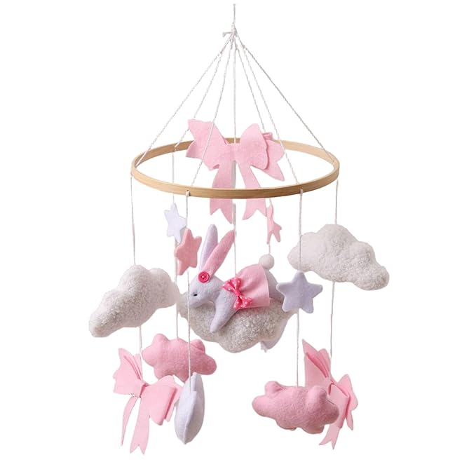 Baby Crib Mobile, Hand-Crocheted Rabbit Crib Hanging Toy, Felt Bows Clouds Stars Nursery for Boys and Girls, Baby Nursery Hanging Decor Mobiles for Babies, Mobile Hanger for, Toys Ha