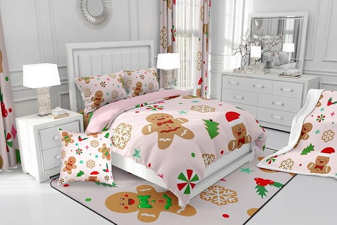 Feelyou Merry Christmas Kids Comforter Set King Size Gingerbread Man Bedding Set Xmas Tree Duvet Quilt for Kids Boys Girls Bedroom Red Berries Snowflake Decor Microfiber Ultra Soft Breathable