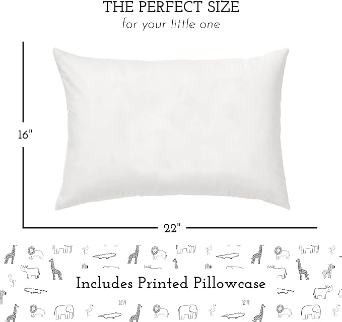 Little Sleepy Head Youth Pillow with Pillowcase 16x22, Soft Jumbo Toddler Pillows, Hypoallergenic Pillow Case - Best Kids Pillows for Sleeping, Perfect Kids Travel Pillows (Animal Adventure)