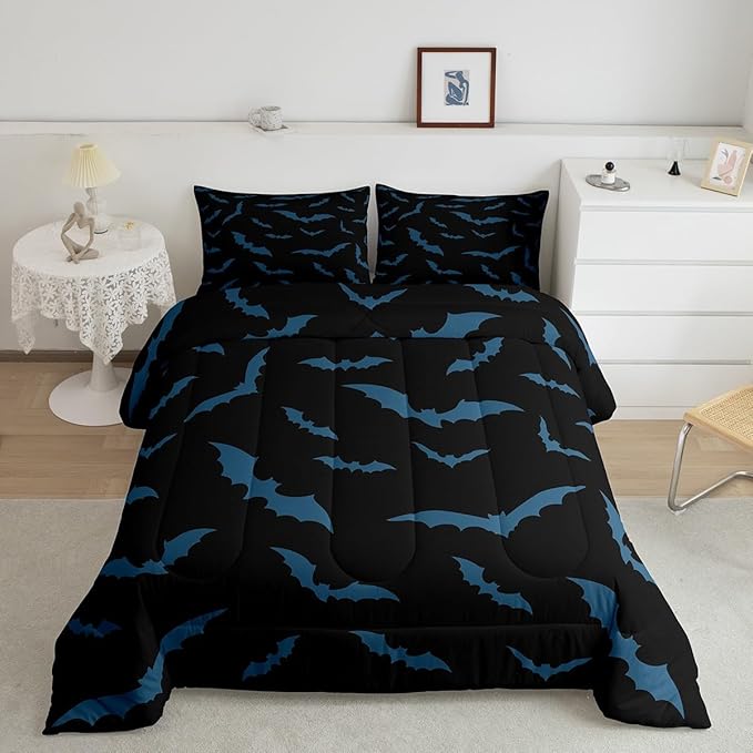 Erosebridal Halloween Decor Bedding Set for Kids Boys Youth Turquoise Bats Comforter Set Toddler Size Gothic Spooky Quilt Happy Holiday Style Duvet Insert with 1 Pillow Case,Black