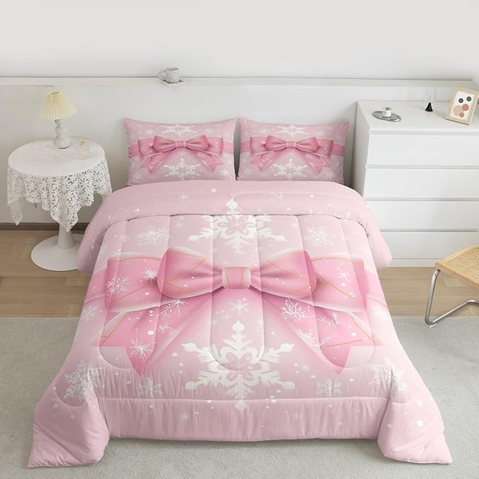 Feelyou Pink Bow Comforter Set All Season Coquette Bow Knot Bedding Set with 2 Pillow Cases Xmas Snowflake Kids King Bedclothes Cute Dreamy Princess Style Decor Christmas Duvet Quilt Soft Lightweight