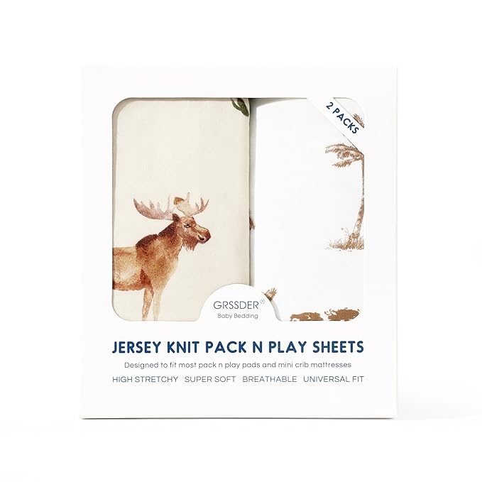 GRSSDER Stretchy Ultra Soft Jersey Knit Pack and Play Sheets 2 Pack, Portable/Mini Crib Sheets Universal Fitted for Playpen Mattress Safe and Snug, Cute Elk Animals Print