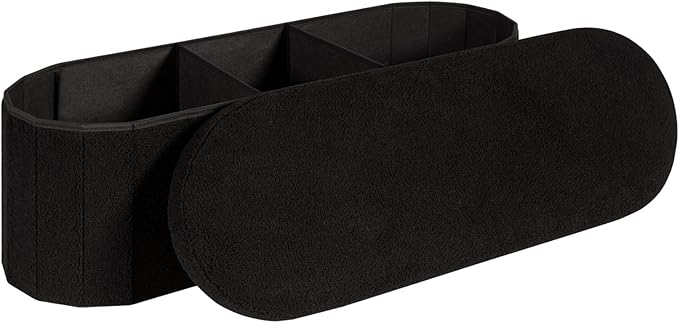 Storage Ottoman Bench, 43.3" Oval Upholstered Ottoman Foot Rest Foldable Boucle End of Bed Storage Bench for Living Room, Entryway, Black