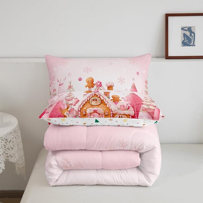 jejeloiu Kids Christmas Theme Comforter Set Queen Size Cute Deer Gingerbread Man Bedding Set for Boys Girls Teens Pink Xmas Tree Candy House Snowflake Winter Duvet Quilt Room Decor