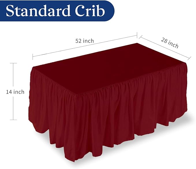Burgundy Crib Bed Skirt 28" x 52" with 14" Drop - Dust Ruffle Crib Skirt with Split Corners - Soft Nursery Standard Crib Toddler Bedding Skirt for Baby Boys or Girls