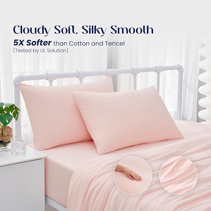 Dream Valley® Twin Sheets Set, Cooling Fitted Sheet with 1 Pillowcase-2 PCS with No Flat Sheet,Q-Max > 0.4 Aerocool, Cooling for Night Sweats, Hot Sleepers,deep Pocket up to 15",Pink Blush