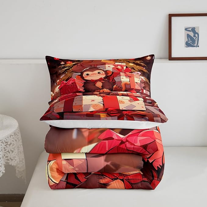 Cartoon Cute Monkey Bedding Set Twin Size,Merry Christmas Comforter Set for Kids Boys Girls Room Decor,Xmas Theme Red Luxury Duvet Insert 2Pcs,Animals Microfiber Modern Soft Quilt Set,1 Pillowcase