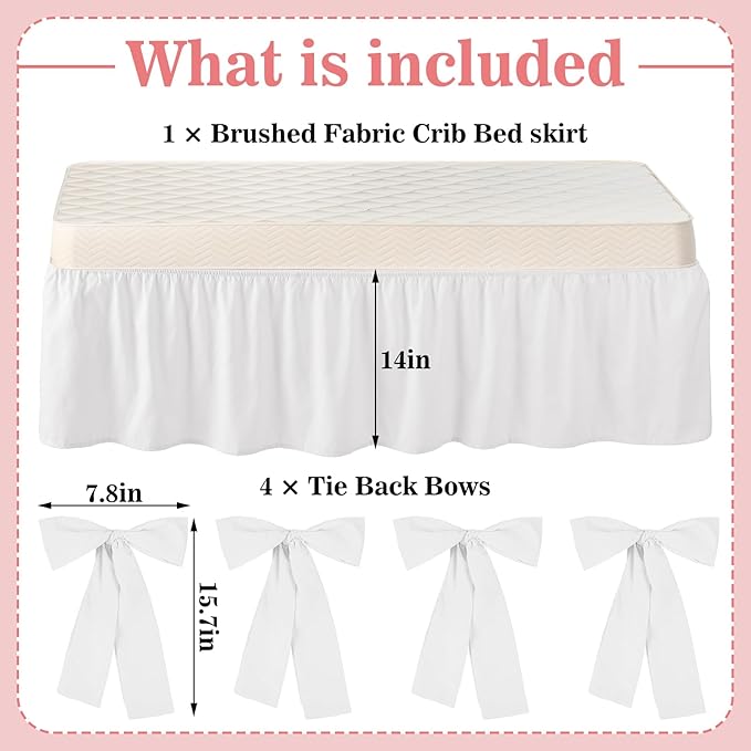 White Crib Bed Skirts with 4 Large Cot Bow 28" x 52" Baby Crib Skirt for Boys Girls Nursery Toddler Bedskirt Dust Ruffle 14" Drop(Ruffle)