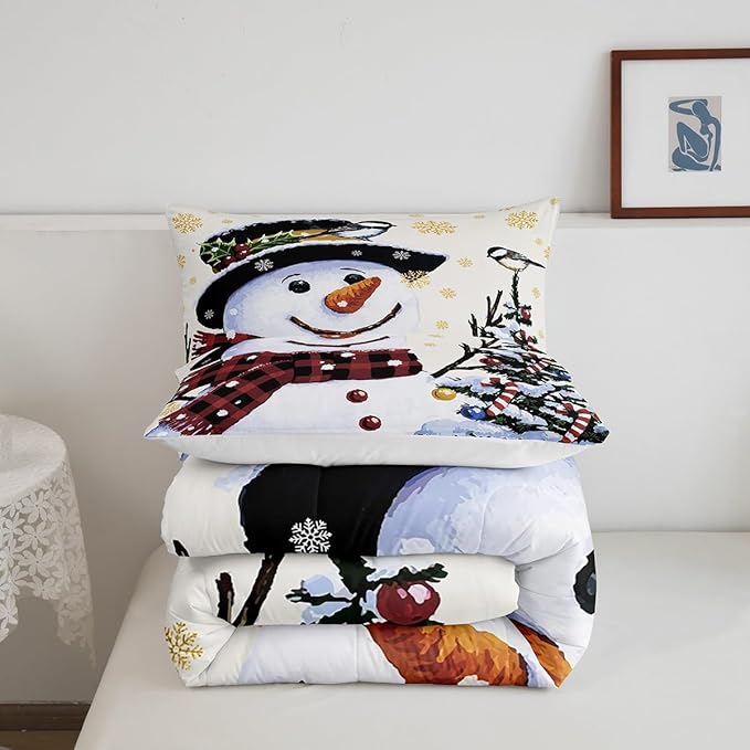 Feelyou Kids Christmas Theme Decorations Bedding Set Xmas Snowman Comforter Set for Boys Girls Snowflake Kawaii Cute Beige Golden Bedroom Collection Twin Size
