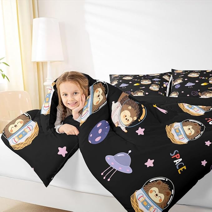 Cartoon Hedgehog Astronaut Comforter Set,Space Planet Bedding Set Kids Teens Modern Decor,Spaceship Starry Sky Comforter with 1 Pillowcase for All Seasons,Twin