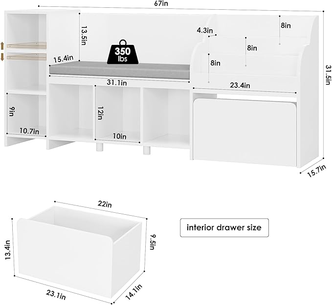 HOSTACK 67" Kids Reading Nook with Bench, Kids Bookshelf and Bookcase with Seat Cushion and 6 Storage Cubbies, Toy Storage Box on Wheels, Toy Chest for Playroom, Bedroom, School, White