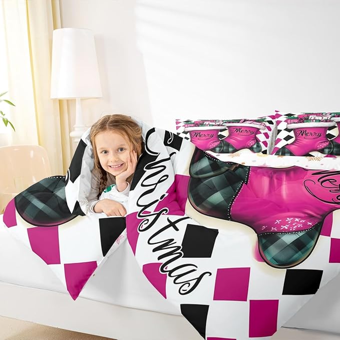 Feelyou Merry Christmas Comforter Set All Season Cartoon Shoes Bedding Set with 2 Pillow Cases Microfiber Kids King Bedclothes Winter Bedroom Decor Duvet Quilt Breathable Soft