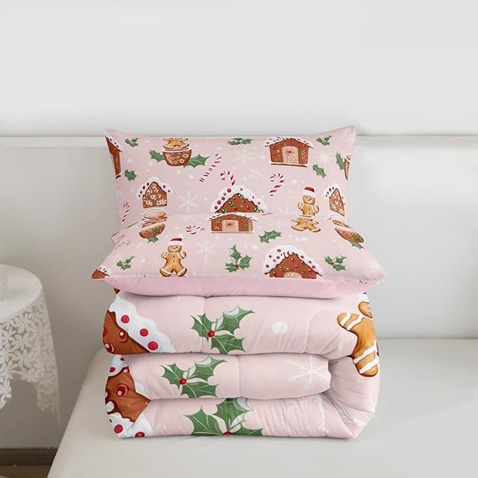 Feelyou Pink Christmas Comforter Set All Season Gingerbread Man Bedding Set with 2 Pillow Cases Christmas Pastry Microfiber Kids King Bedclothes Candy Cane Bedroom Decor Duvet Quilt Breathable Soft