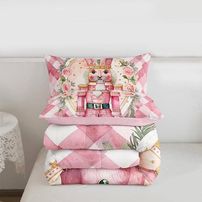 Feelyou Christmas Comforter Set All Season Pink Nutcrackers Bedding Set with 1 Pillow Cases Rose Kids Toddler Bedclothes Floral Bedroom Decor Funny Nutcracker Duvet Quilt Breathable Soft Lightweight
