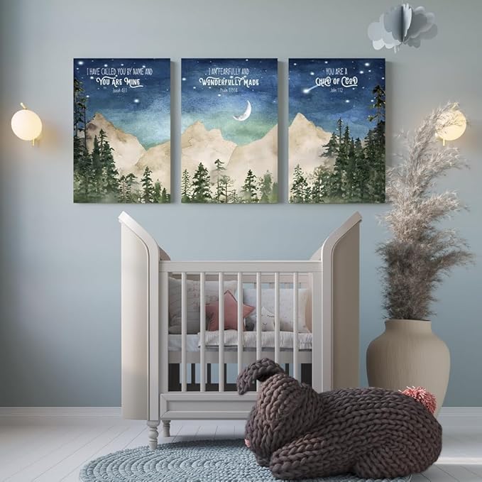 Nursery Scripture Wall Art, Set of 3 Nursery Bible Verse Wall Decor, Star Night Mountain Forest Wall Art, Nature Woodland Decor Canvas Prints, Inspirational Christian Kids Art, Framed 12"x16"