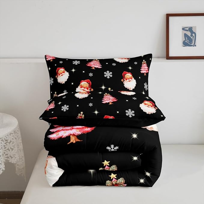 jejeloiu Kids Christmas Theme Comforter Set Full Size Xmas Tree Cute Santa Claus Bow Bedding Set for Boys Girls Teens Winter Snowflake Happy New Year Duvet Quilt Room Decor
