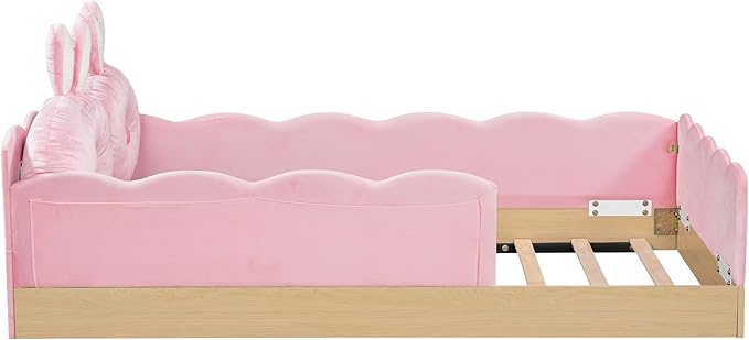 Twin Size Upholstered Platform Bed with Safety Guardrail and Cute Rabbit Ear Shaped Pillows, Velvet Fabric Montessori Kids Floor Bed with Pocket and Sturdy Slats Support (Pink-9.25)