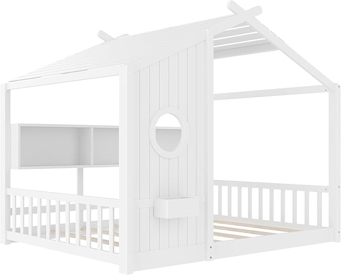 Full Size House Bed with Storage Shelves for Kids,Kids Montessori Floor Bed, Cute Wood House Bed Frame Full with Roof for Girls,Boys,Can be Decorated,White