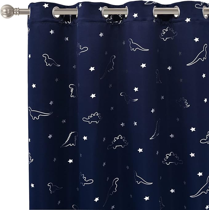 LORDTEX Dinosaur and Star Foil Print Blackout Curtains for Kids Room - Thermal Insulated Curtains Noise Reducing Window Drapes for Boys and Girls Bedroom, 52 x 63 Inch, Navy, Set of 2 Panels