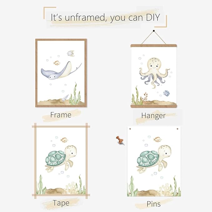 Wodkwq Ocean Nursery Decor,Nursery Wall Decor,Kids Bathroom Decor,Under The Sea,Boys Room Sea Animal Wall Art Picture Canvas Prints Set of 3,Bedroom 16x24 Inch Framed