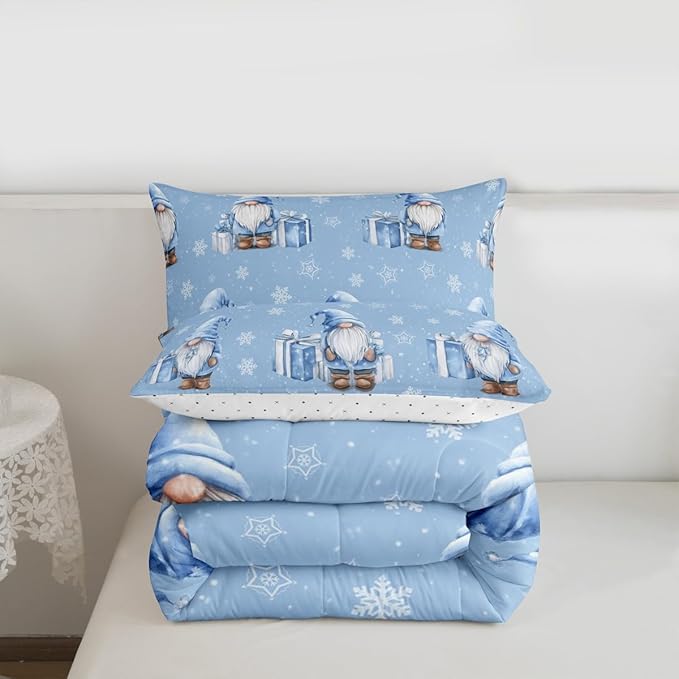 Feelyou Blue Christmas Comforter Set Queen Size Scandinavian Christmas Santa Gnomes Bedding Set for Kids Boys Girls Xmas Snowflake Duvet Quilt Bedroom Decor 3 Pcs with 2 Pillow Cases