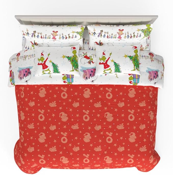 Grinch by Dr. Seuss Holiday & Christmas Bedding Super Soft Comforter and Sheet Set with Sham, 7 Piece King Size (Official Dr. Seuss Product) by Franco