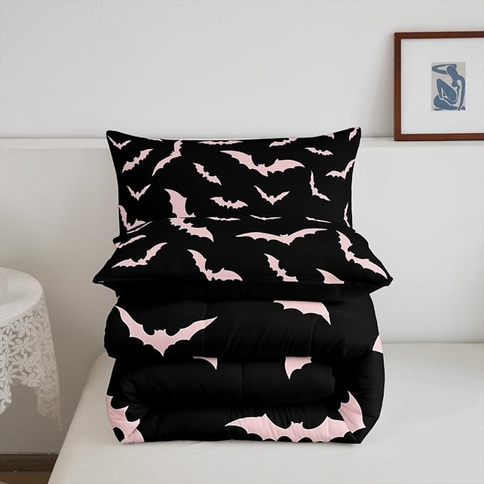 Erosebridal Bat Comforter Set Halloween Pink Bats Bedding Set with 1 Pillow Case Silhouette Gothic Quilt Twin Size for Kids Boys Youth Gothic Spooky Bedding Comforter Sets,Black