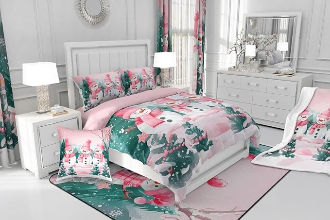 Feelyou Pink Christmas Kids Comforter Set Toddler Size Merry Christmas Tree and Snowman Bedding Set Cute Snowman Duvet Quilt for Kids Boys Girls Bedroom Xmas Snowflake Decor Kawaii Soft Breathable