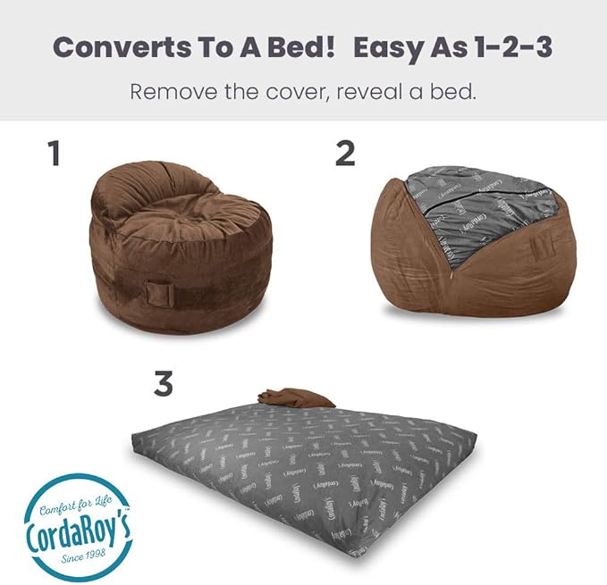 CordaRoy's NEST Gaming Bean Bag Chair-Convertible Bean Bag Chair -Washable Chenille Cover with Pockets for Remote, Controllers-for Living Room,Basement-Queen Size-Espresso|Made in The USA