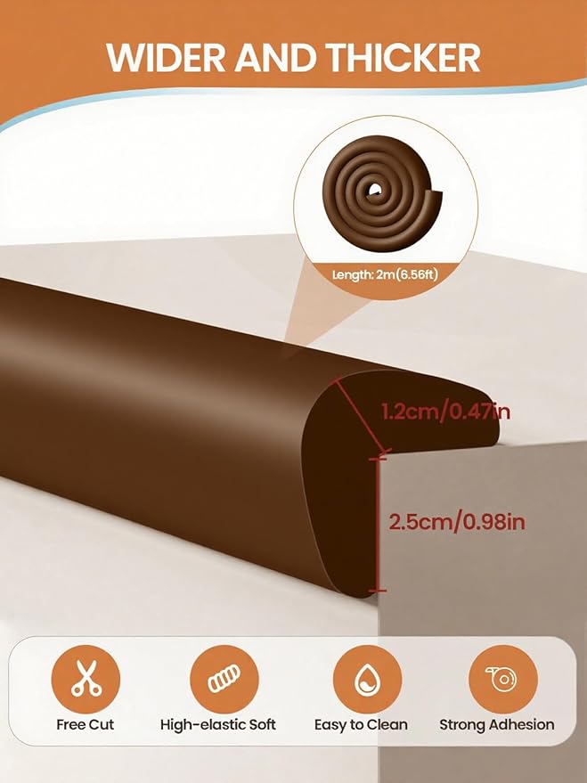 Baby Proof Edge Corner Protector, 6.56FT 0.47''Th L-Shape Furniture Corner & Edge Safety Bumper with 6 Corners, Pre-Taped, Soft NBR Rubber Foam Desk Edge Cushion Wall Corner Protector(Dark Brown)