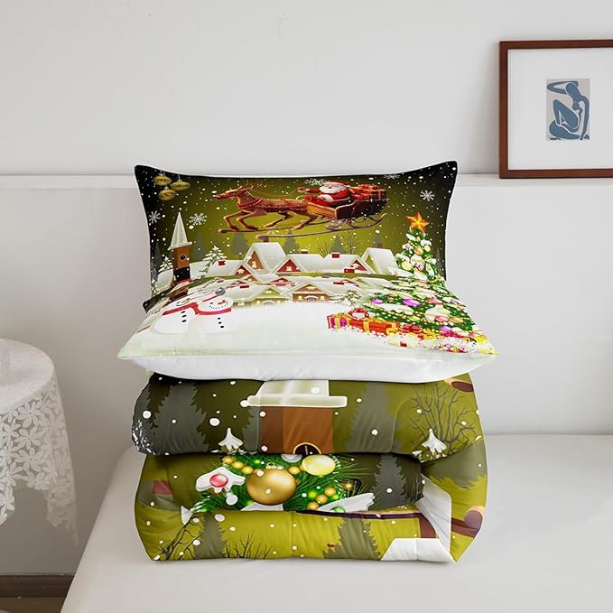 Manfei Christmas Comforter Set Queen Size, Xmas Tree Snowman Quilt Set with 2 Pillowcases, Santa Claus with Deer Bedding Set 3pcs for Kids Boys Girls Room Decor New Year Theme Duvet Insert