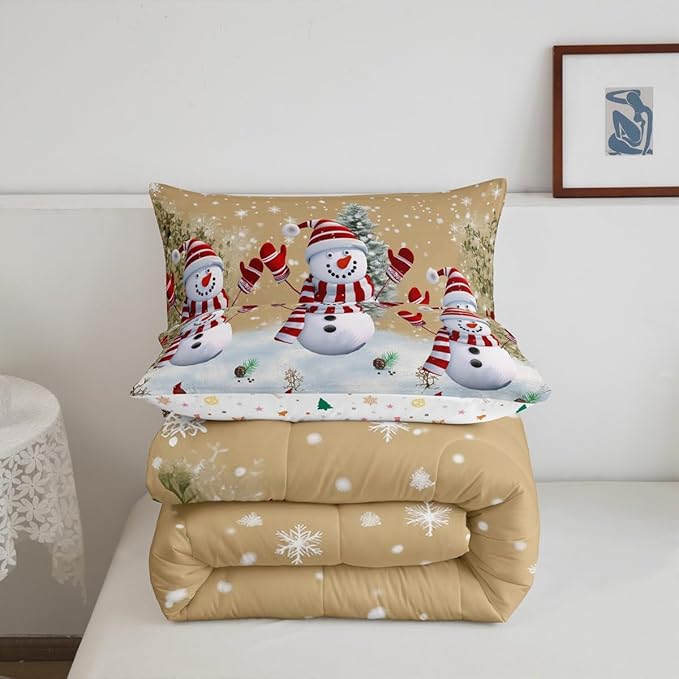 Cartoon Snowman Kids Christmas Comforter Set Queen Size,Pines Snowflake Rustic Bedding,Girls Boys Adults Bedroom/Xmas Cabin Decor,Grids Geometric Down Comforter,Farmhouse Duvet Insert,2 Pillowcases