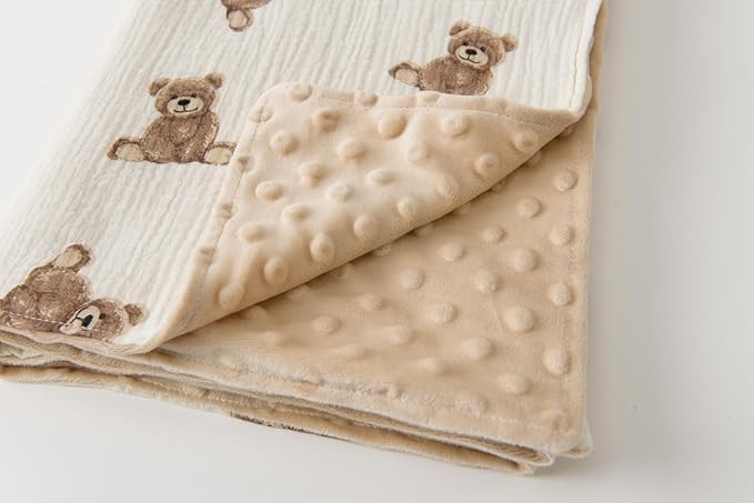 Little Jump Baby Blankets Minky Blankets for Unisex Boys Girls, Soft Fluffy Crib Blankets with Muslin Cotton Front and Dotted Fleece Backing, Teddy Bear Receiving Blanket for Newborn Infants
