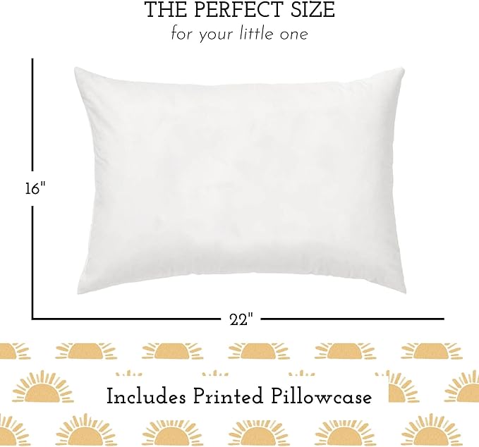 Little Sleepy Head Youth Pillow with Pillowcase 16x22, Soft Jumbo Toddler Pillows, Hypoallergenic Pillow Case - Best Kids Pillows for Sleeping, Perfect Kids Travel Pillows (Sunshines)