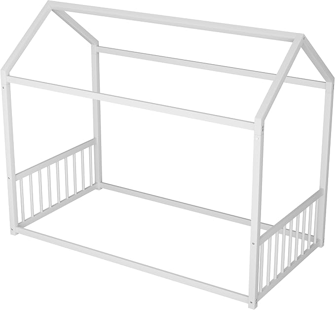 Montessori Style Metal Floor Bed Frame, House Shaped Bed with Vertical Safety Guardrails for Kids and Toddlers, Easy Assemble, No Slats, Twin Size, White