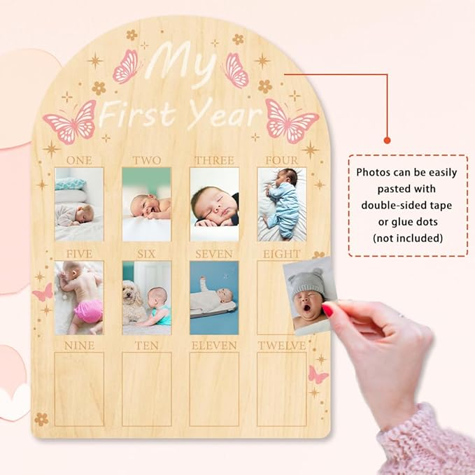 ORIGACH My First Year Baby Growth Photo Display Wood Board - 12 Months Newborn Milestones Picture Frame - Neutral Baby Keepsake Board 1st Birthday Party Nursery Decor New Mom Gift - Pink Butterfly