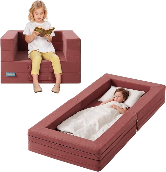 Travel Toddler Bed, 3-in-1 Convertible Sofa Bed for Toddler Portable Floor Beds, Flip Open Sofa Lounger for Girls and Boys, Made with High-Density Foam and Washable Cover,Red