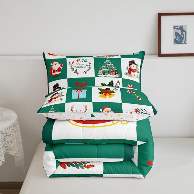 Erosebridal Merry Christmas Quilt Twin Size for Kids Teens Santa Claus Xmas Tree Bedding Set Cartoon Deer Snowman Comforter Set with 1 Pillow Case