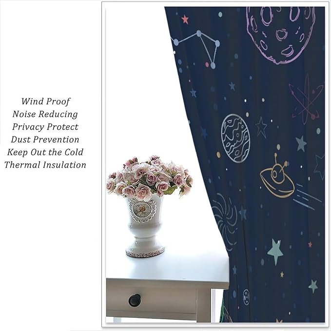 Navy Blue Space Curtains, Cartoon Outer Space Stars Planets Theme Galaxy Curtains for Kids Teens Bedroom Nursery Toddlers Room 42" W X 45" L
