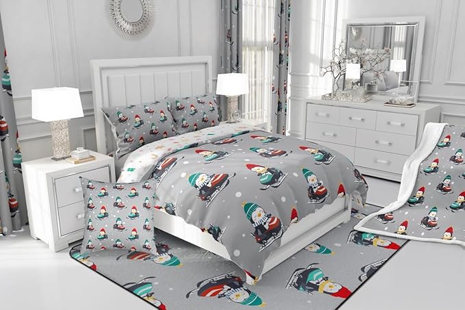 Feelyou Christmas Comforter Set All Season Gray Penguin Bedding Set with 2 Pillow Cases Cartoon Penguin Skiing Microfiber Kids King Bedclothes Snowflake Bedroom Decor Duvet Quilt Breathable Soft
